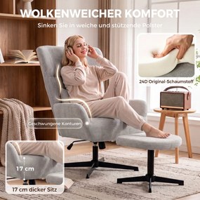 HOMCOM Obrotowy fotel lounge 360° z podnóżkiem, regulowany wysokością, obicie chenille, z poduszką lędźwiową, kremowo-biały | Aosom PL
