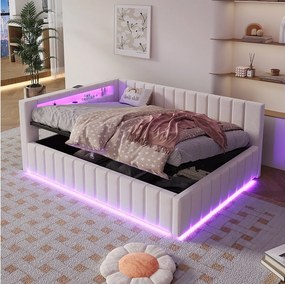 Sofa rozkładana 140x200 cm z pojemnikiem, oświetleniem LED i portem USB – beżowy aksamit (bez materaca)