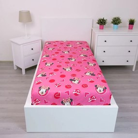 Różowe bawełniane prześcieradło dziecięce z gumką 90x200 cm Minnie "Hearts" – Jerry Fabrics