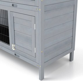 PawHut Klatka dla królików z drewna z 2 poziomami, dach z papy, tacki na dno, drzwi dla małych zwierząt, 136,4 x 50 x 93 cm, szara | Aosom PL