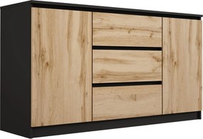 Komoda: Czarny Mat / Dąb Wotan, 140 x 78 x 39 cm, 3 szuflady, 2 drzwi