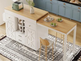 Wyspa kuchenna - rozsuwany stół jadalniany - z kółkami i wieszakiem na ręczniki - regulowane półki - Biały