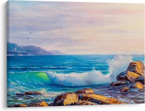 Obraz fal uderzających w klify, obraz olejny (70x50 cm)
