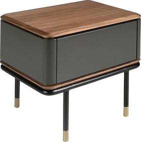 Stolik nocny z matowego ciemnoszarego drewna, czarnej stali i orzechowego blatu 7170 ANGEL CERDA