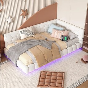 Sofa dziecięca rozkładana - 90 x 200 cm - z diodami LED + USB + stelaż - welur - biała