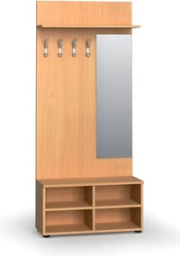 Garderoba z szafką na buty i lustrem PRIMO WOOD, 4 haczyki, półka, tekstura drewna pionowa, buk