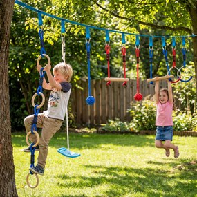 AIYAPLAY Ninja Line dla dzieci 10 m 9-częściowy zestaw Slackline z 2 pierścieniami gimnastycznymi, huśtawką 3 w 1, 2 drabinkami dla dzieci 3–8 lat, wielokolorowy | Aosom PL