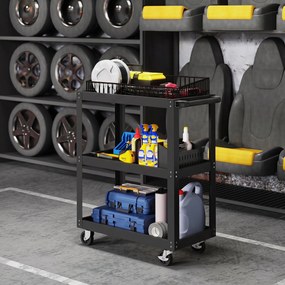 HOMCOM Wózek warsztatowy z 3 półkami i bocznym uchwytem, 4 kółka, 70,5 x 35 x 82,5 cm, czarny | Aosom PL