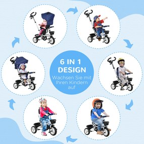 HOMCOM 6-w-1 Trójkołowiec dla dzieci z rączką do pchania, z daszkiem, pasem, koszem na bagaż, 18+ miesięcy, Granatowy