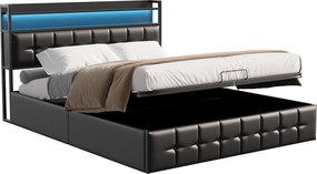 Łóżko 140x190 cm z zagłówkiem LED i miejscem do przechowywania, USB-C i ładowarką USB, podnośnikiem gazowym – czarne wykończenie PU