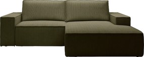 Kanapa narożna rozkładana, prawostronna, mała  z weluru w kolorze zielony/khaki AMELIA