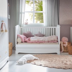 Białe łóżeczko z szufladą i funkcją tapczanika Royal 70x140