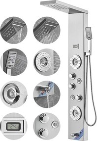System Wieżowca Panelu Prysznicowego SucceBuy, 6 Trybów, LED i Wyświetlacz Cyfrowy, Stal Nierdzewna z Efektem Deszczu