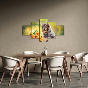 Obraz kotka patrzącego na kwiat (125x70 cm)