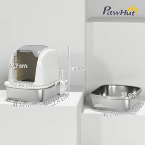 PawHut Kuweta ze stali nierdzewnej z pokrywą, toaleta dla kota z wanną, łopatka do żwirku, dla kota do 5 kg, 52,4 x 41,3 x 42 cm, Biały | Aosom PL