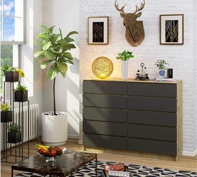 Komoda AKORD K160 Dąb Artisan 160 cm 10 szuflad kolor Grafit Szary mat 160x40x121 cm