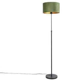 Lampa stojąca czarna z abażurem z aksamitu zielonego ze złotem 35 cm - ParteWiejski/ Rustykalny / Vintage Oswietlenie wewnetrzne