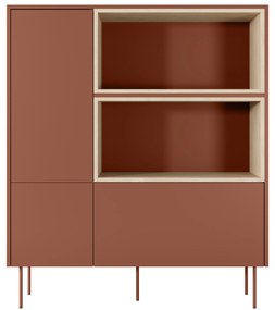 Komoda wysoka Desin 120 cm z wnękami, szufladą i metalowymi nogami - czerwony / ceramic red / dąb nagano
