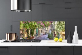 Panel Szklany do Kuchni Malownicza Uliczka w Kwiatach