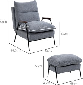 HOMCOM Fotel z Ottomaną Tapicerowany Fotel Relaksacyjny, w zestawie Poduszka, 68 cm x 91,5 cm x 88 cm, Jasnoszary