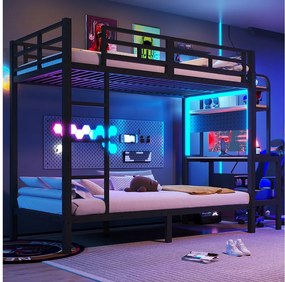 Łóżko piętrowe 90 x 200 cm - Konstrukcja żelazna - Schowki - Biurko - Oświetlenie LED - Port USB - Czarny (materac nie w zestawie)