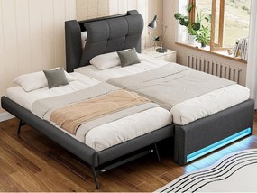 Pojedyncze łóżko tapicerowane 90x200 cm - Z wysuwaną ramą łóżka - Oświetlenie LED - Wezgłowie z miejscem do przechowywania - MDF + Len - Szary (bez materaca)