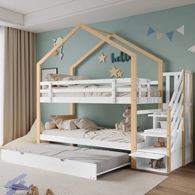 Triple Bunk Beds - 2 x 90 x 200 cm - z przesuwnym łóżkiem nóg 90 x 190 cm - 3 szuflady - białe i naturalne
