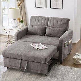 Szara sofa 2-osobowa - Sofa wypoczynkowa z funkcją rozkładania i dwiema poduszkami - Regulowane oparcie - Tkanina bawełniana i lniana