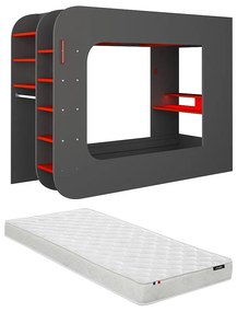 Łóżko na antresoli gamer 90 x 200 cm - Z biurkiem i ze skrzynią - Z diodami LED - Kolor antracytowy i czerwony + materac - WARRIOR