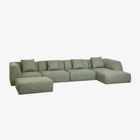Sofa Modułowa 4-częściowa Prawa Z Leżanką I Tapicerowanym Pufem Cardea Bouclé Salvia Zieleń - Sklum