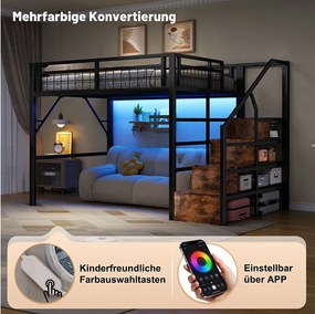 Łóżko piętrowe dla dzieci - 140 x 200 cm - rama żeliwna - z diodami LED + drabinka ze schowkiem - metalowe - czarne