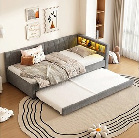 Łóżko wysuwane 90x200 cm, szara tkanina lniana, leżanka z portami USB i oświetleniem LED, bez materaca