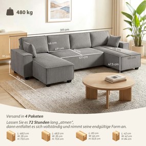 HOMCOM Narożnik z podwójnymi szezlongami, sofa w kształcie litery U z sztruksu, szerokie i głębokie siedzisko, sprężyny kieszeniowe, Jasnoszary | Aosom PL