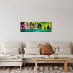 Obraz - Wodospad, Jeziora Plitwickie, Chorwacja (z zegarem) (90x30 cm)