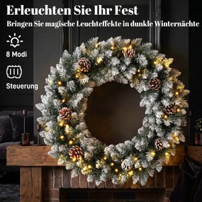 HOMCOM Wieniec świąteczny 60 cm oświetlony, wieniec drzwiowy z 50 LED, szyszki, sztuczny śnieg na Boże Narodzenie i adwent, drzwi wejściowe | Aosom PL