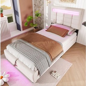 Łóżko tapicerowane 90x200cm - z oświetleniem LED - len - szare (bez materaca)