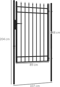 Outsunny Brama ogrodowa, zamek i klucz, dekoracyjne szczyty, stal nierdzewna, 107x204 cm, Czarny