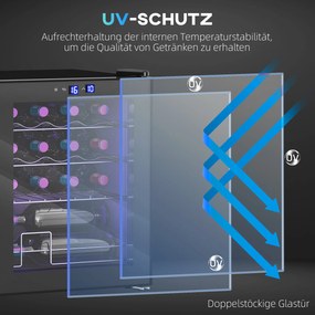 HOMCOM Wolnostojąca chłodziarka do wina, 16 butelek, do domowego baru, salonu, kuchni ekran dotykowy, drzwi szklane, oświetlenie LED