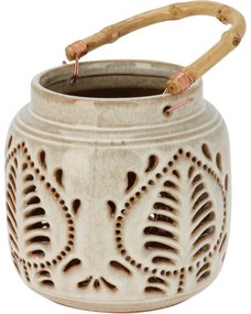 Latarnia porcelanowa z uchwytem bambusowym 14,5 x14 cm, beżowy