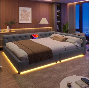 Łóżko dzienne 140 x 200 cm - łóżko dwuosobowe z oświetleniem LED i interfejsami USB i Type-C - len w kolorze szarym - materac nie jest wliczony w cenę