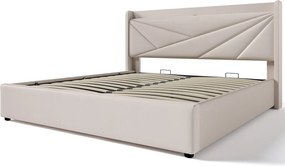 Łóżko ze schowkiem 140 x 200 cm - USB i typ C - tkanina lniana - stelaż listwowy - beż + materac