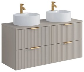 Szafka łazienkowa wisząca ryflowana z dwoma okrągłymi umywalkami nablatowymi - Beżowy - szer. 120 cm - ZEVARA