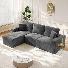 Modułowa narożna sofa lewa 3-osobowa w welurze żebrowanym, z 2 poduszkami, leżanka 70x125cm, Szary