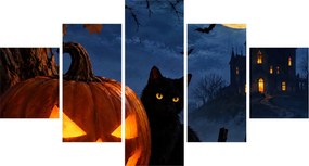 Obraz - Czarny kot przy świecącej dyni na Halloween (125x70 cm)