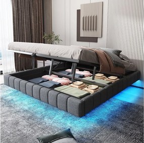 Łóżko 180 x 200 cm z pojemnikiem - Łóżko dla dorosłych z oświetleniem LED - bez zagłówka - szary len - bez materaca