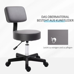 HOMCOM Taboret Salonowy, regulowany, ergonomiczny, obrotowy 360°, 5 kółek, pokrycie syntetyczne, Szary