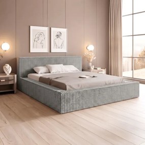Łóżko Tapicerowane 160x200 cm SOLME z Pojemnikiem Szare Sztruksowe Japandi