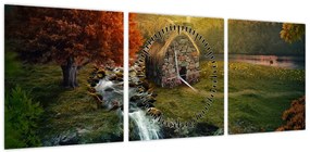 Obraz domku w bajkowym krajobrazie (z zegarem) (90x30 cm)