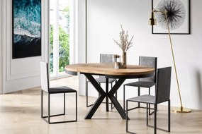 Stół okrągły rozkładany Spring 100–138 cm – industrialny stół do jadalni, metalowa podstawa, blat z płyty laminowanej