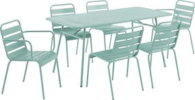 Zestaw ogrodowy z metalu - stół dł. 160 cm, 2 nakładane na siebie fotele i 4 nakładane na siebie krzesła - kolor szarozielony - MIRMANDE